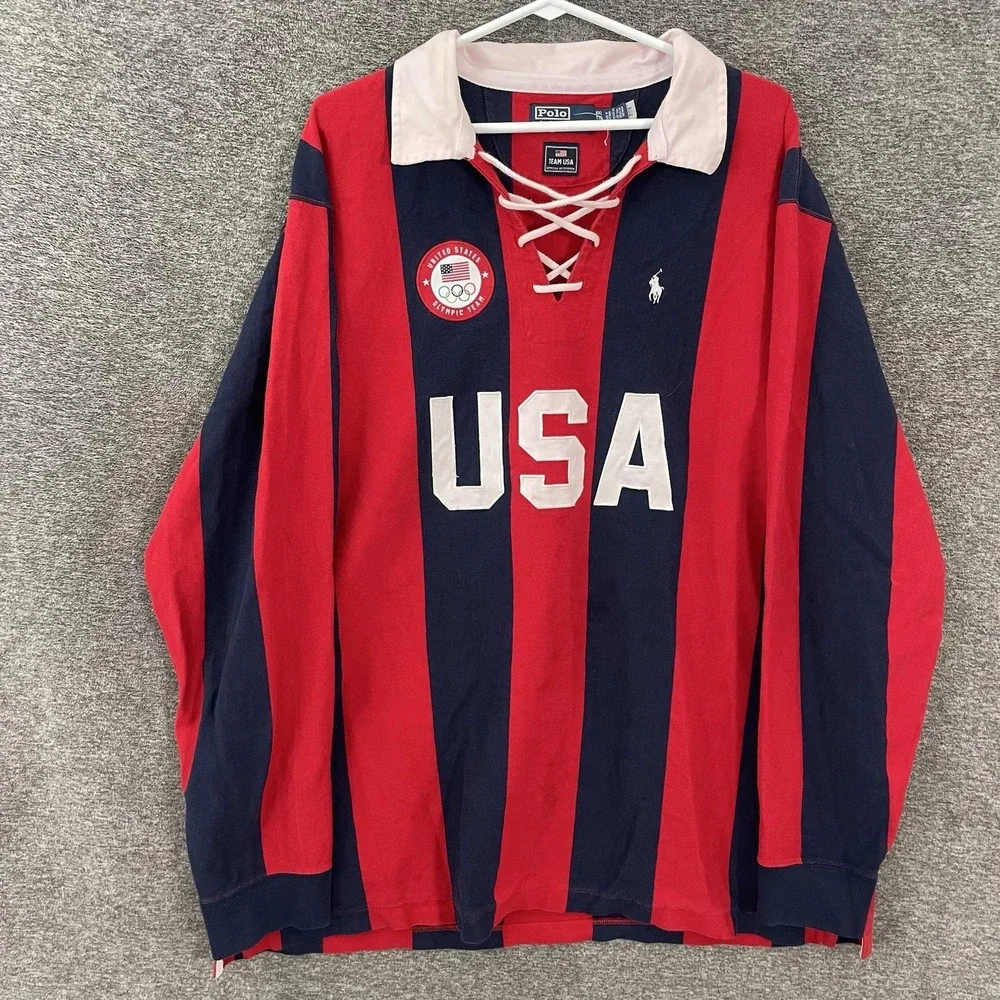 Team USA Rugby Shirt Mens 2XL Blue Red Olympic Polo Ralph Lauren Tie Placket